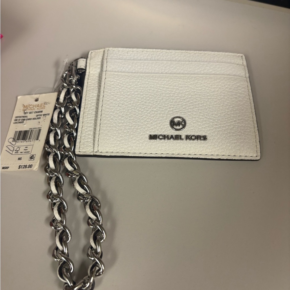 Michael Kors Small White Leather ID/Card Holder with Chain